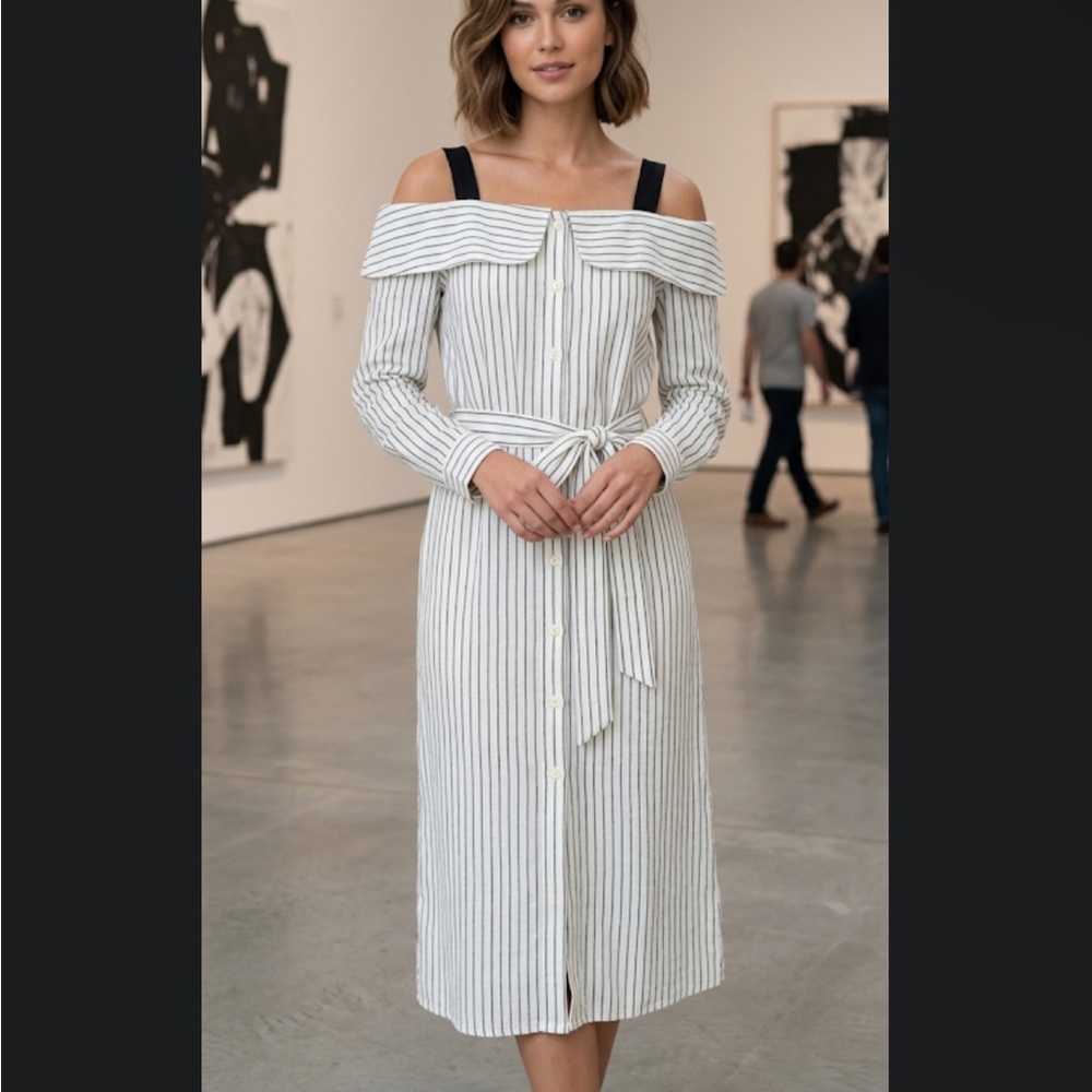 Tibi cold shoulder pin stripe elegant midi